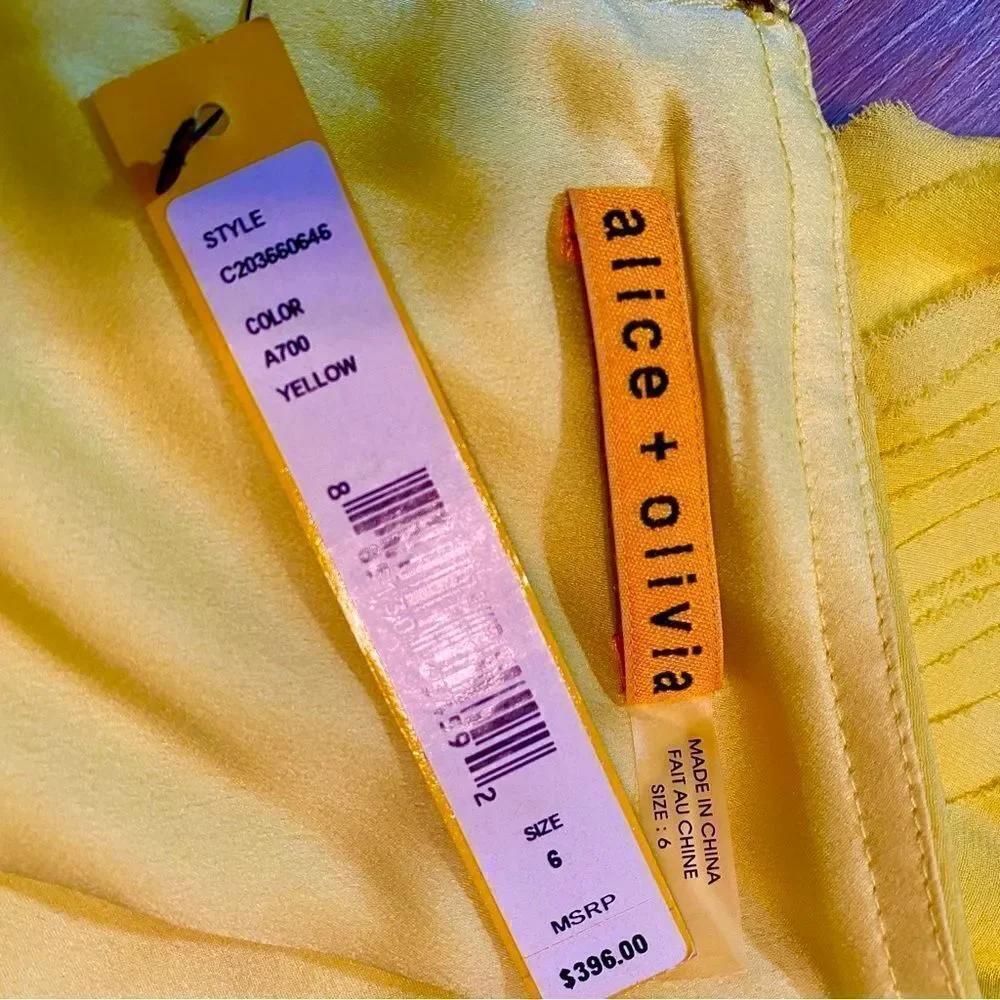 ALICE + OLIVIA CANARY YELLOW TIERED SHEATH DRESS 6 NWT